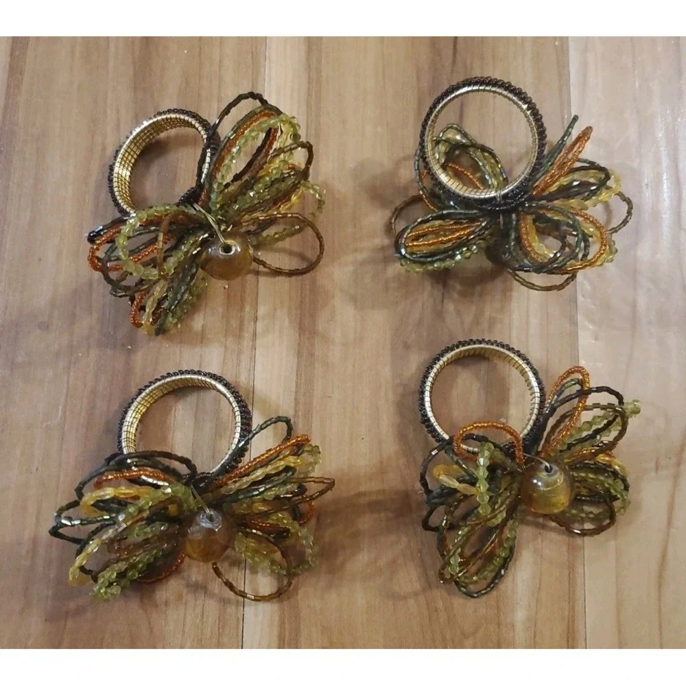 Pier One Beaded Napkin Rings Floral‎ Gold Rust Green Yellow Set Of 4
